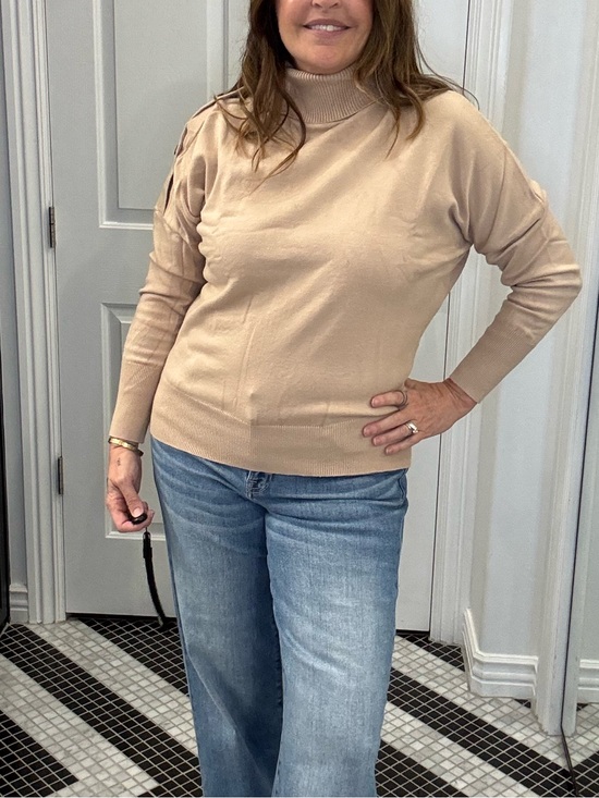 Cezele Sweaters - Cezele Beige Turtleneck Sweater Button Shoulder Detail Soft Neutral Pullover
